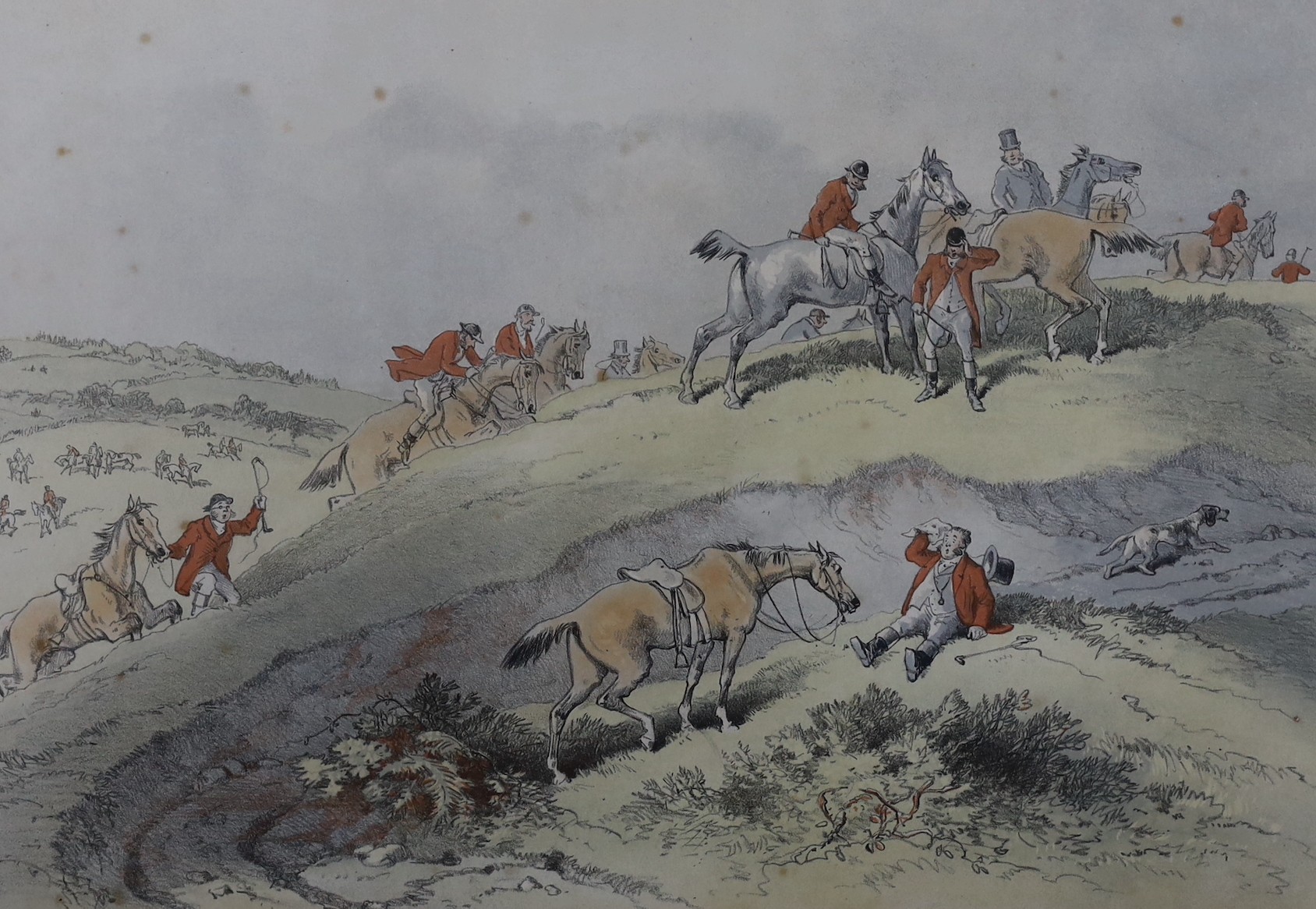 A group of assorted pictures and prints including a set of eight hunting scenes and assorted 18th century and later engravings